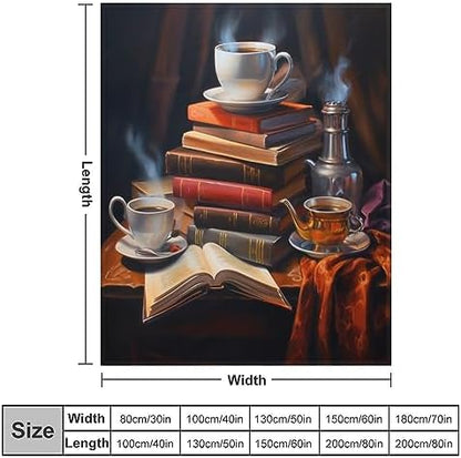 Plush Throw Fleece Blanket - Coffee and Books Oil Painting, Warm Cozy