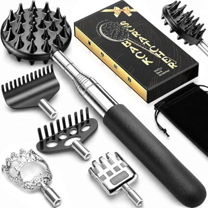 Telescoping Back Scratcher with 5 Interchangeable Heads, Gifts for Men