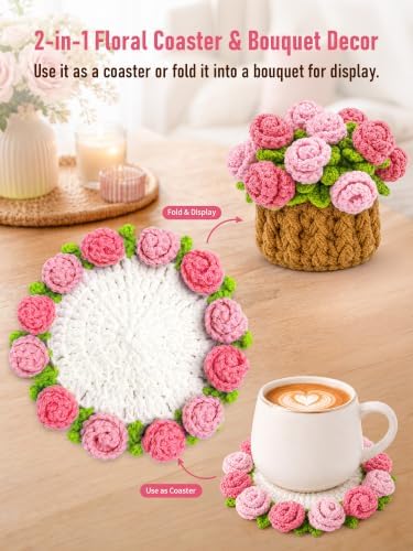 Crochet Flower Bouquet Coasters, Cotton Rose Gifts for Home Decor 1Pc