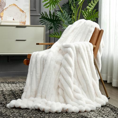 Cozy Bliss Faux Fur Throw Blanket for Couch, Cozy Warm Plush Striped