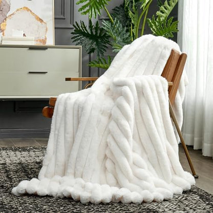 Cozy Bliss Faux Fur Throw Blanket for Couch, Cozy Warm Plush Striped