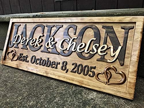 3D Wood Carved Personalized Wedding Gift Established Name Sign with