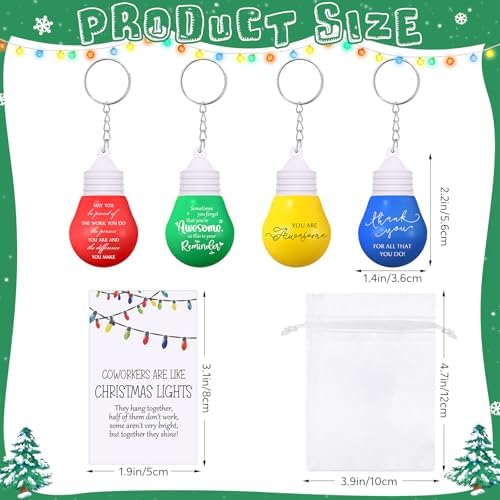 Landical 40 Set Christmas Coworker Gifts Light Bulb Keychain, 4 Styles
