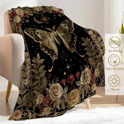 Gothic Moth and Rose Flannel Blanket - Mystical with Lunar Moon