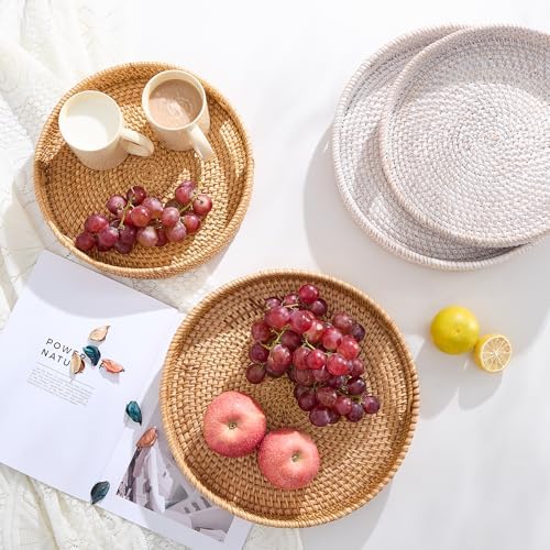Round Rattan Serving Tray,Hand-Woven Tray with Handles, Ottoman