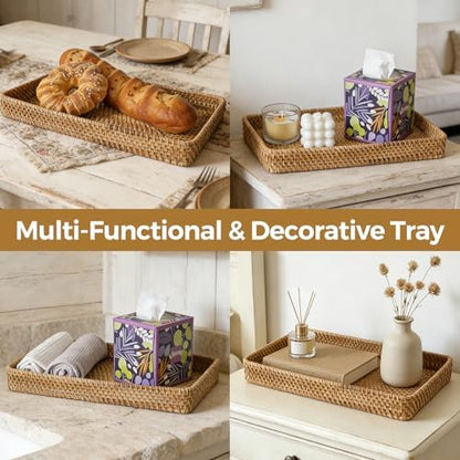 Rattan Serving Tray, Woven Wicker Rectangle Shallow Basket for