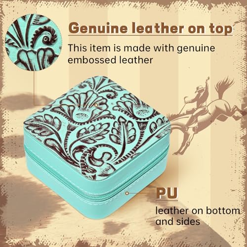 DEEKA Western Jewelry Box Case Real Leather Turquoise and Brown