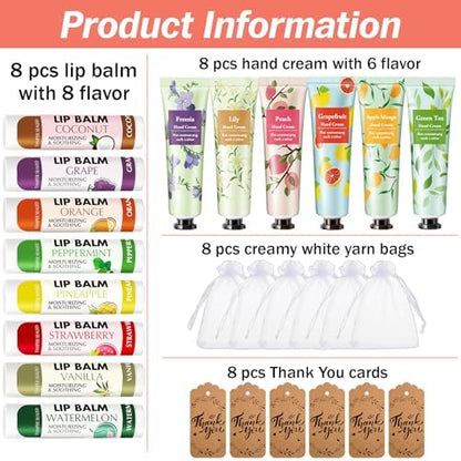 AZEN 8 Sets Bulk Gifts, Hand Cream and Lip Balm Bulk Set with Organza