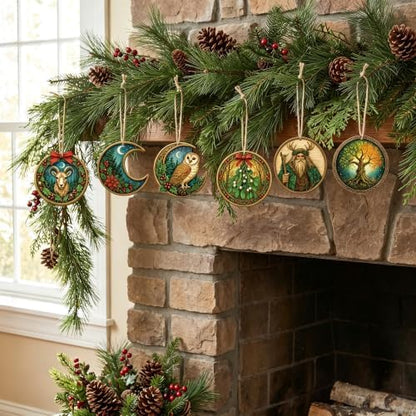 48 Pcs Wooden Yule Tree Ornaments, Vintage Pagan Christmas Hanging