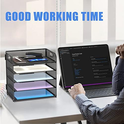 Supeasy 5 Trays Paper Organizer Letter Tray with Handle-Mesh Desk File