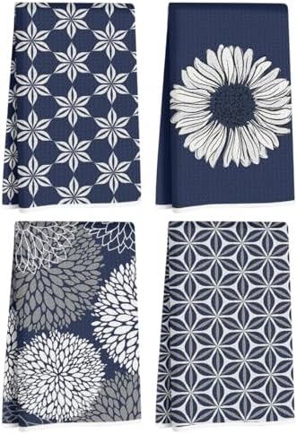 4 Pcs Blue Flower Artistic Kitchen Towels, Blue Flower Absorbent Hand