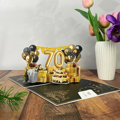 70th Birthday Pop Up Card, Elegant Black Gold 3D Design