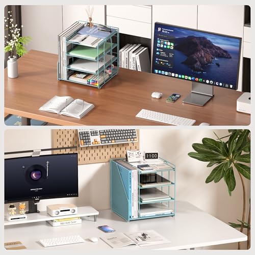 Teal Desk File Organizer and Accessories, 4-Tier Paper Organizer with