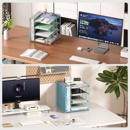 Teal Desk File Organizer and Accessories, 4-Tier Paper Organizer with