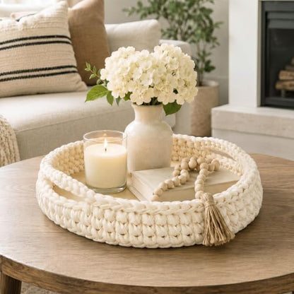 Crochet Serving Tray with Handle 12 Inch Handmade Knitted Woven Tray