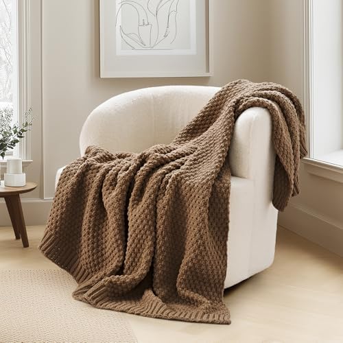 EVERGRACEHOME Chunky Chenille Knit Throw Blanket, 60 x 80, Camel Brown