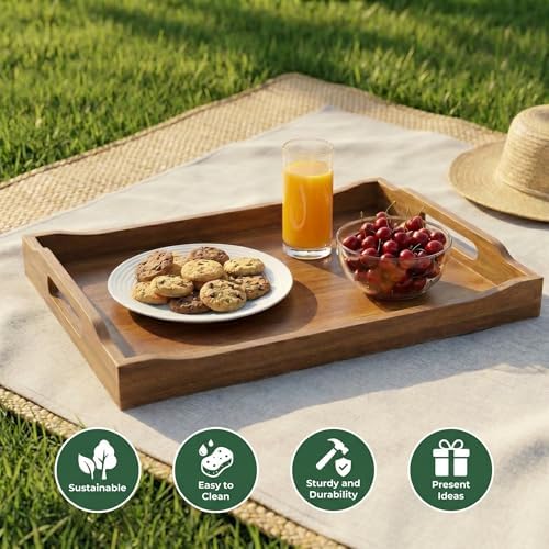 Acacia Wood Serving Tray Set of 2 with Handles for Ottoman Coffee