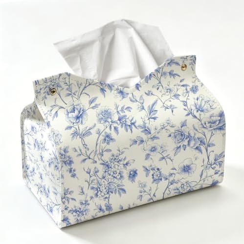 UTELKA Blue Flroal Rectangle Tissue Box Cover PU Tissue Holder 9.8x6x7