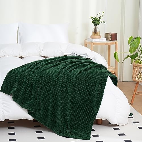 Puncuntex Fleece Throw Blanket Dark Green 50"×60" with Square Grid