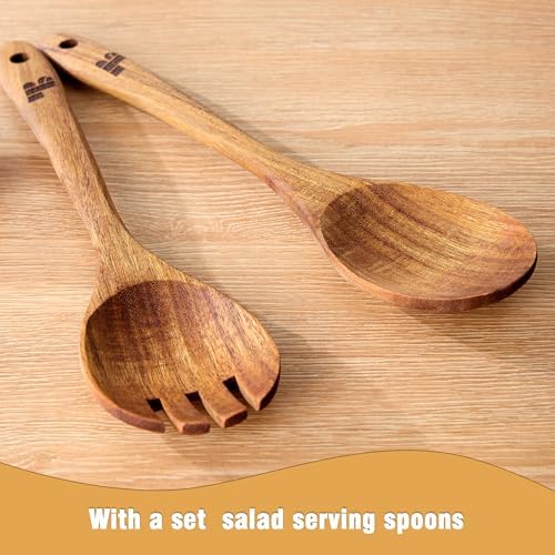 Wooden Salad Bowls with Serving Utensils, Large 12.5" Acacia Wooden