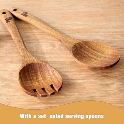 Wooden Salad Bowls with Serving Utensils, Large 12.5" Acacia Wooden