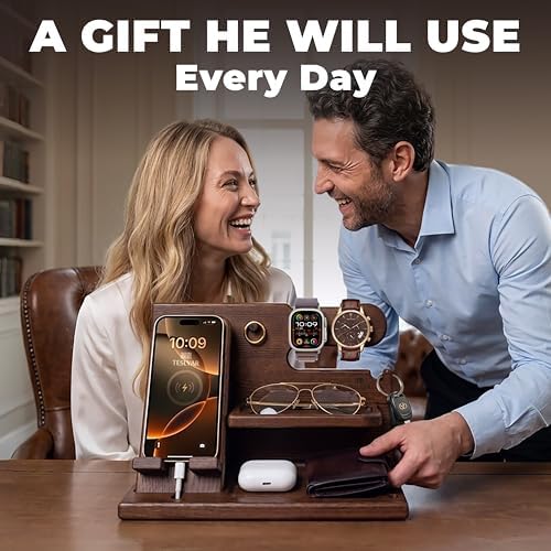TESLYAR Wood Phone Docking Station for Men - Desk or Nightstand