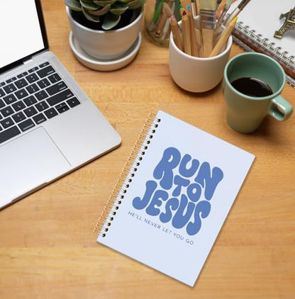 Blue Christian Spiral Notebook, Run to Jesus Bible Verse Journal