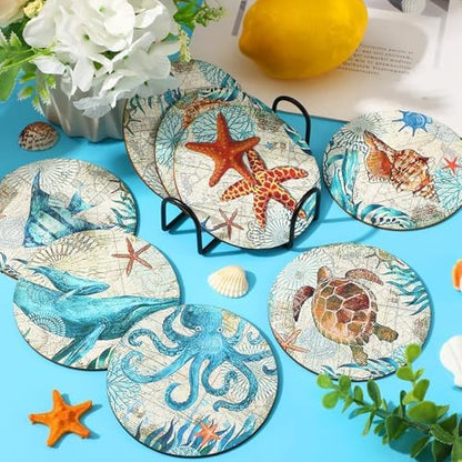 UPINS 8 Pieces Wooden Coasters for Drinks,Coastal Decor Ocean Beach