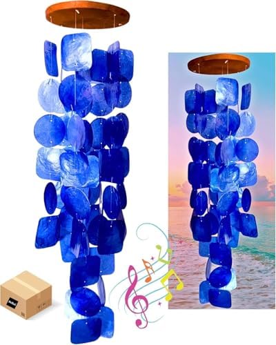 Wind Chimes Outdoor, Capiz Sea Glass Shells Wood Blue 27 Inch – Garden