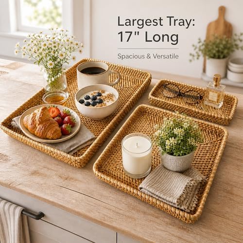 i-lan 17 x 13 Oversized Rattan Serving Tray Set of 3, Woven Wicker