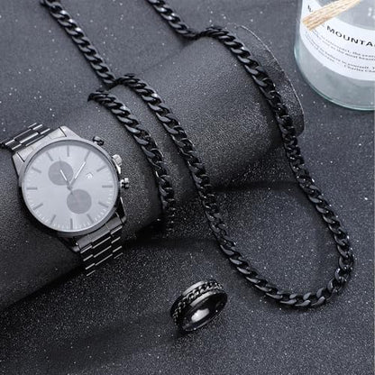 NEWITIN 4 Pieces Black Jewelry Set for Men Stainless Steel Watch