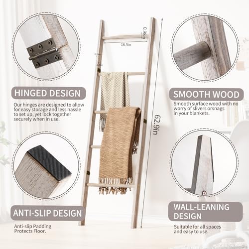 XLHOMO 5-Tier Wooden Blanket Ladder, 63" Rustic Leaning Blanket Rack