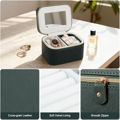 DesignSter Travel Jewelry Case,Small Jewelry Box with Mirror,Leather