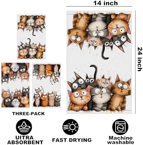 Jztco 3 Pcs Cute Cat Kitchen Towels, Cats Soft Absorbent Hand Tea
