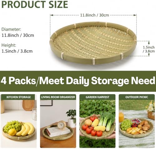 ZENFUN 4 Packs Bamboo Basket Tray, 12 In Round Hand Weave Bread