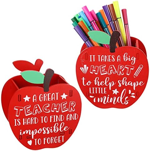 Fuutreo 2 Pack Apple Wood Pencil Holder Teacher Desk Gifts, Vivid