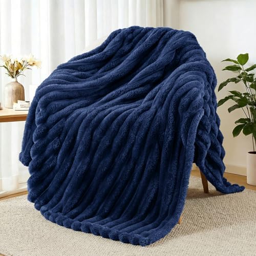 Exclusivo Mezcla Striped Fleece Throw Blanket for Couch, Sofa, Navy