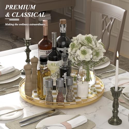 Gold and White Checkerboard Lazy Susan with Rubberwood Base and Metal