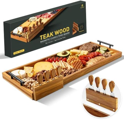 Socisen 30 in Teak Big Charcuterie Board with 4-Piece Cheese Knife Set
