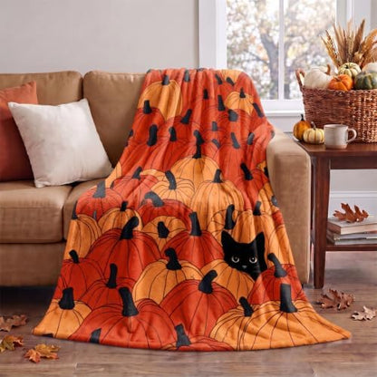 Horaldaily Fall Orange Pumpkin Cat Flannel Throw Blanket 50x60