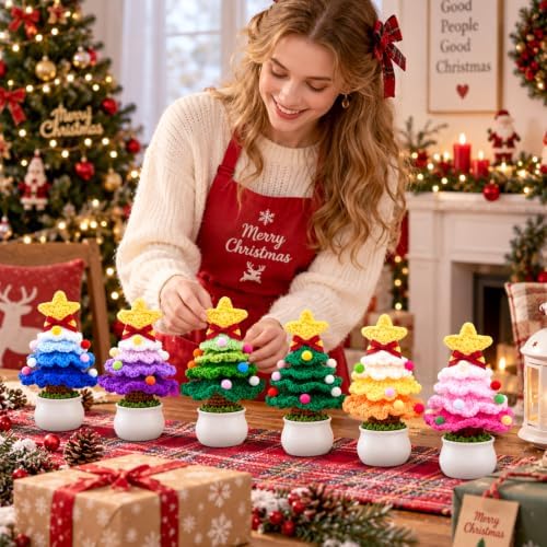 Soaoo 6 Sets Crochet Christmas Tree Gifts with Merry Christmas Cards
