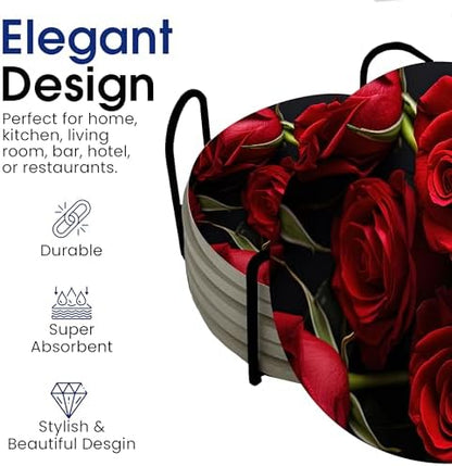 Red Roses Rose Round Coasters Set of 6 - Abosrbent Ceramic Coasters