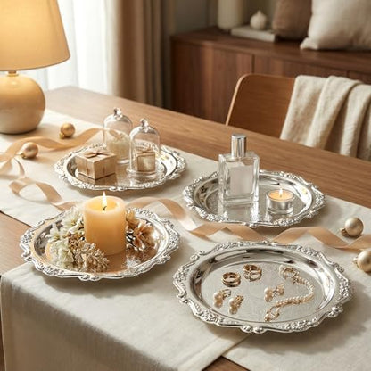 12 Pcs Vintage Silver Tray Indian Pooja Return Gift, Round Silver