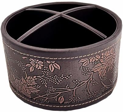PU Leather Round TV Remote Control Holder for Table,360° Swivel Office