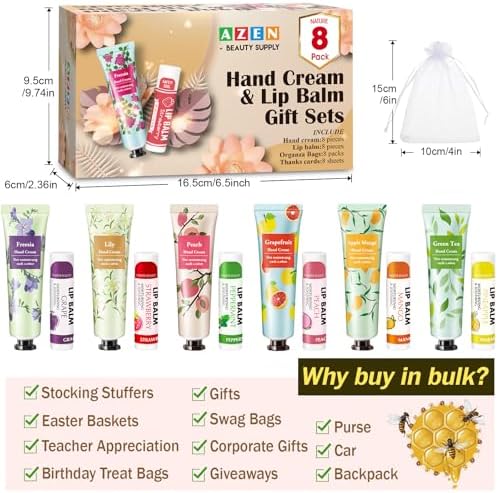 AZEN 8 Sets Bulk Gifts, Hand Cream and Lip Balm Bulk Set with Organza
