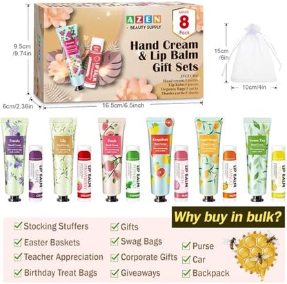 AZEN 8 Sets Bulk Gifts, Hand Cream and Lip Balm Bulk Set with Organza