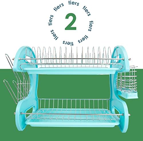 2 Tier Dish Drainer, by Home Basics (Turquoise) Dish Rack for Kitchen