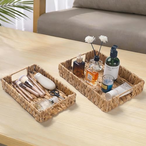 2 Pack Water Hyacinth Tray with Handles, Rectangular Wicker Serving