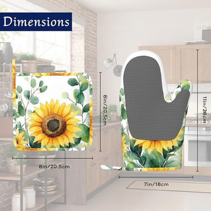 Sunflower Flowers Oven Mitts and Pot Holders Sets of 4 Watercolor