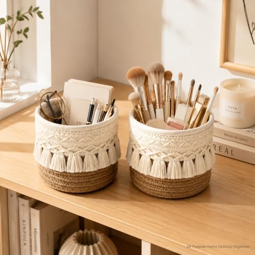 2Pcs Boho Macrame Cotton Woven Storage Baskets 3.93 Inch Foldable Mini